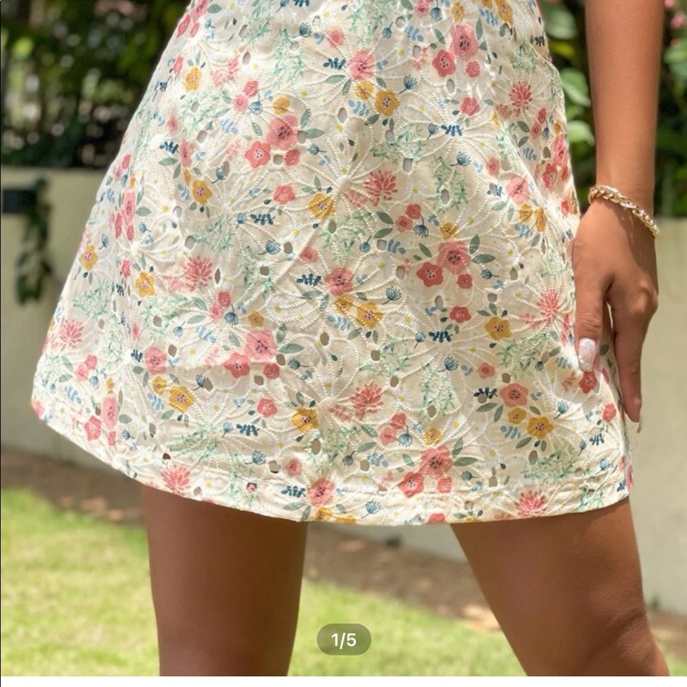 SHEIN Floral Eyelet Mini Skirt in White with Pink, Yellow & Green Flowers